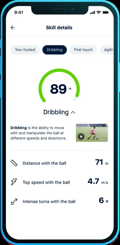 Performance app showing a player's skill score and stats