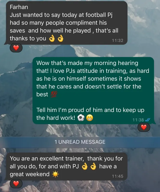 WhatsApp messages from a parent thanking Farhan for PJ's coaching